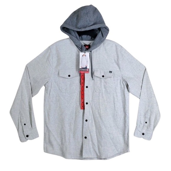 Quicksilver Hooded Flannel Shacket Shirt Jacket Mens M Beige Button Drawstring - Picture 3 of 12